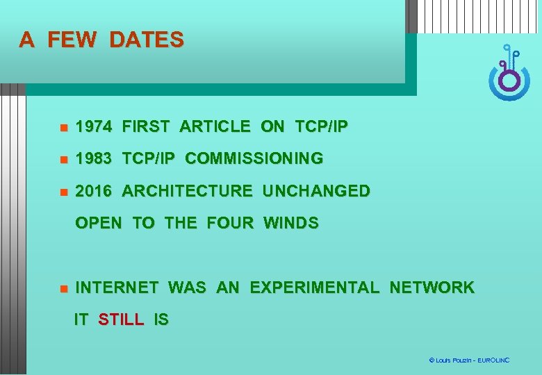 A FEW DATES 1974 FIRST ARTICLE ON TCP/IP 1983 TCP/IP COMMISSIONING 2016 ARCHITECTURE UNCHANGED