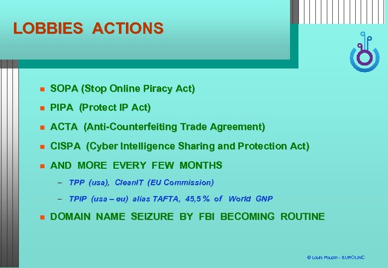 LOBBIES ACTIONS SOPA (Stop Online Piracy Act) PIPA (Protect IP Act) ACTA (Anti-Counterfeiting Trade
