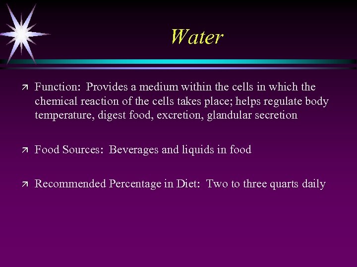 Water ä Function: Provides a medium within the cells in which the chemical reaction