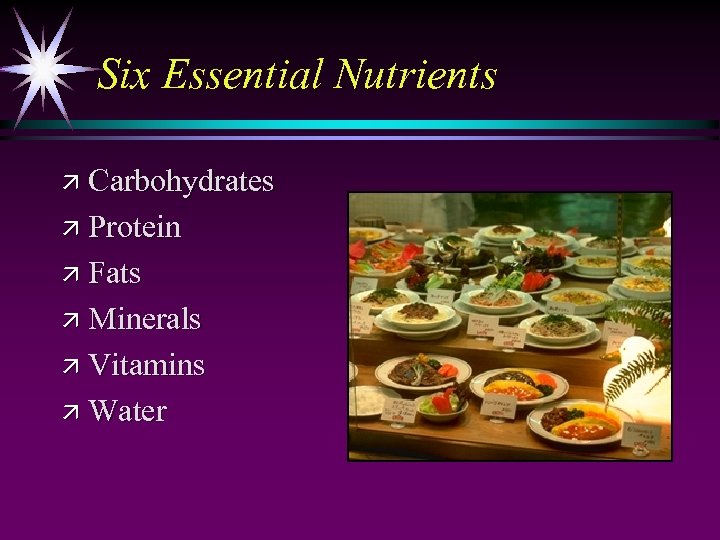 Six Essential Nutrients ä Carbohydrates ä Protein ä Fats ä Minerals ä Vitamins ä