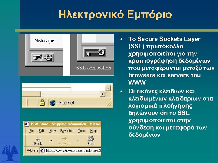 Ηλεκτρονικό Εμπόριο • Netscape SSL connection • Το Secure Sockets Layer (SSL) πρωτόκολλο χρησιμοποιείται