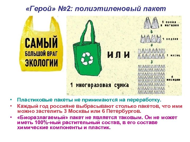  «Герой» № 2: полиэтиленовый пакет • Пластиковые пакеты не принимаются на переработку. •