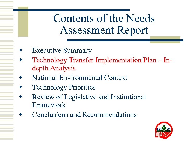 Contents of the Needs Assessment Report w w w Executive Summary Technology Transfer Implementation