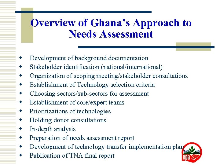Overview of Ghana’s Approach to Needs Assessment w w w Development of background documentation