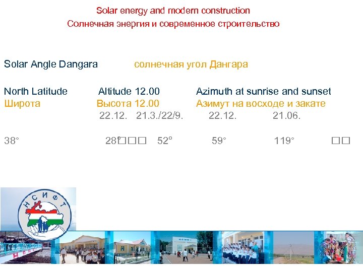 Solar energy and modern construction Солнечная энергия и современное строительство Solar Angle Dangara North