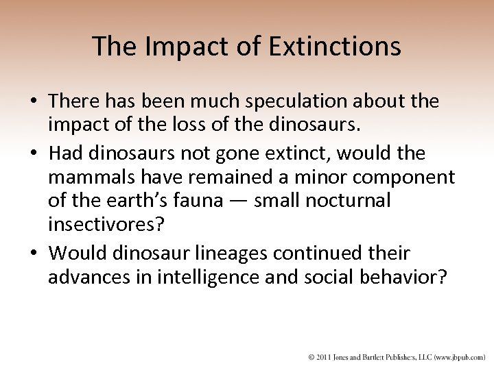 The Impact of Extinctions • There has been much speculation about the impact of