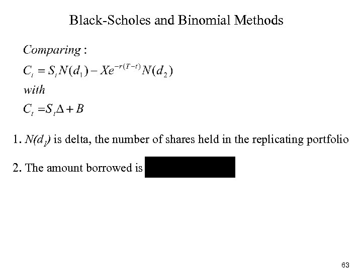 Black-Scholes and Binomial Methods 1. N(d 1) is delta, the number of shares held