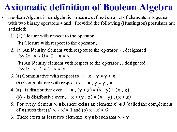 Axiomatic definition of Boolean Algebra • Boolean Algebra is an algebraic structure defined on