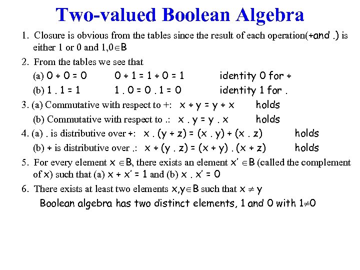 Two-valued Boolean Algebra 1. Closure is obvious from the tables since the result of