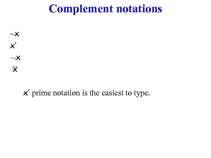 Complement notations ~x x’ x x x’ prime notation is the easiest to type.