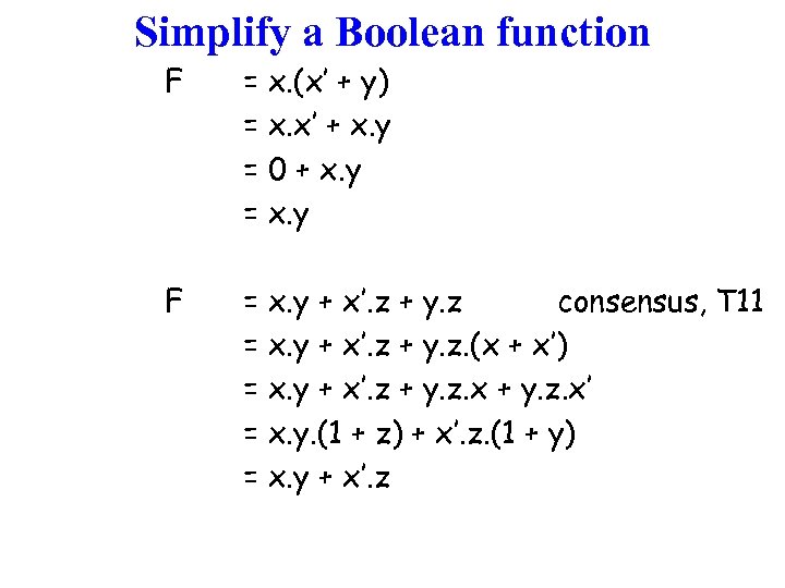 Simplify a Boolean function F = x. (x’ + y) = x. x’ +