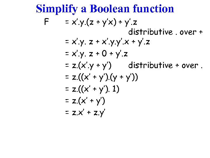 Simplify a Boolean function F = x’. y. (z + y’x) + y’. z