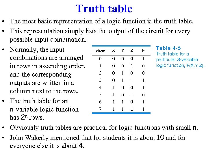 Truth table • The most basic representation of a logic function is the truth