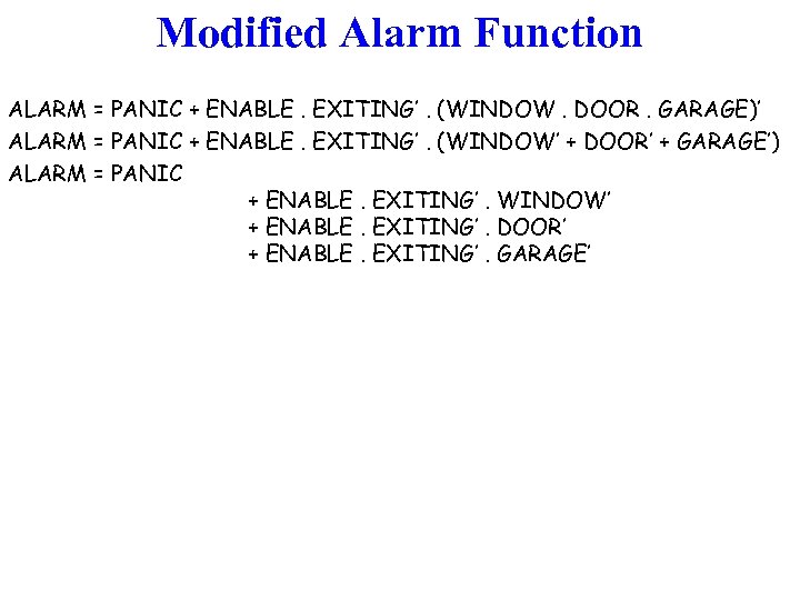 Modified Alarm Function ALARM = PANIC + ENABLE. EXITING’. (WINDOW. DOOR. GARAGE)’ ALARM =