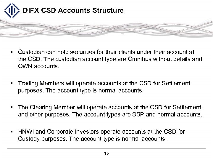 DIFX CSD Accounts Structure § Custodian can hold securities for their clients under their