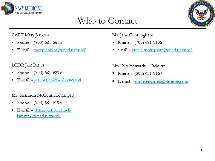 Who to Contact CAPT Mary Jenkins Ms. Jane Cunningham § Phone – (703) 681