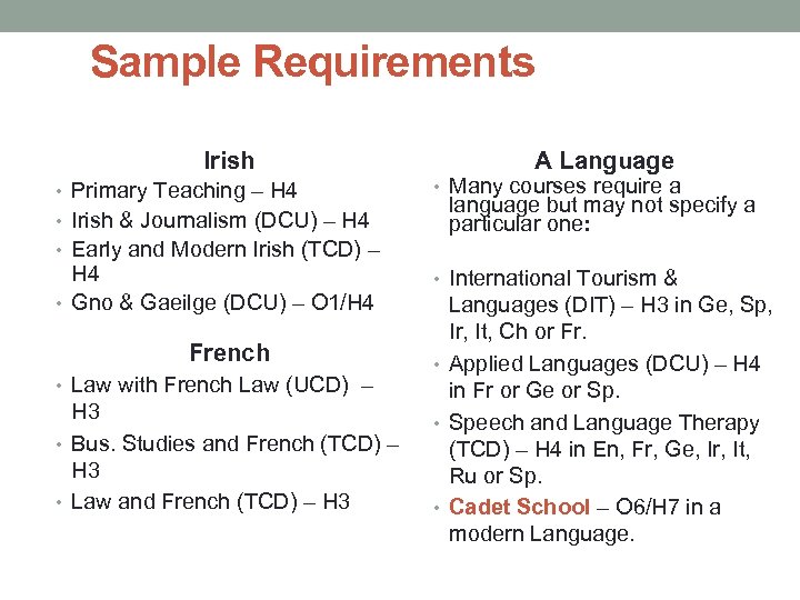 Sample Requirements Irish • Primary Teaching – H 4 • Irish & Journalism (DCU)