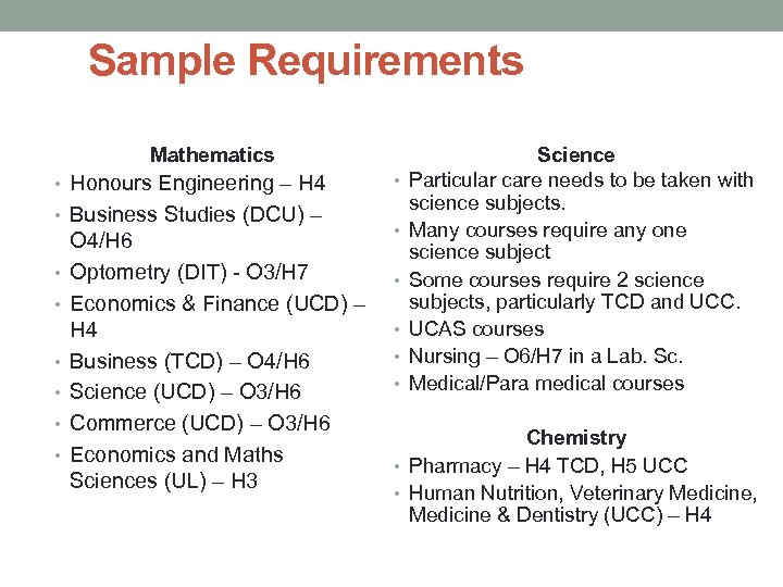 Sample Requirements Mathematics • Honours Engineering – H 4 • Business Studies (DCU) –