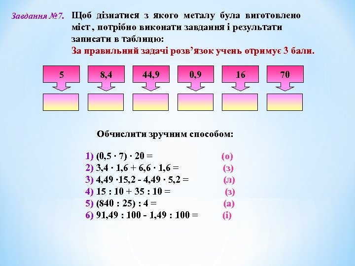 Завдання № 7. Щоб дізнатися з якого металу була виготовлено міст , потрібно виконати