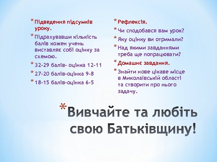 * Підведення підсумків уроку. * Підрахувавши кількість балів кожен учень виставляє собі оцінку за