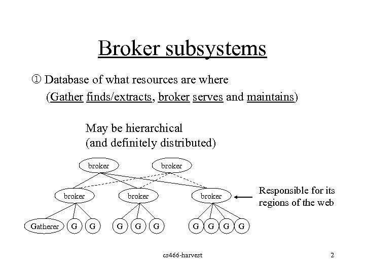 Broker subsystems j Database of what resources are where (Gather finds/extracts, broker serves and