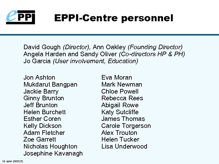 EPPI-Centre personnel David Gough (Director), Ann Oakley (Founding Director) Angela Harden and Sandy Oliver