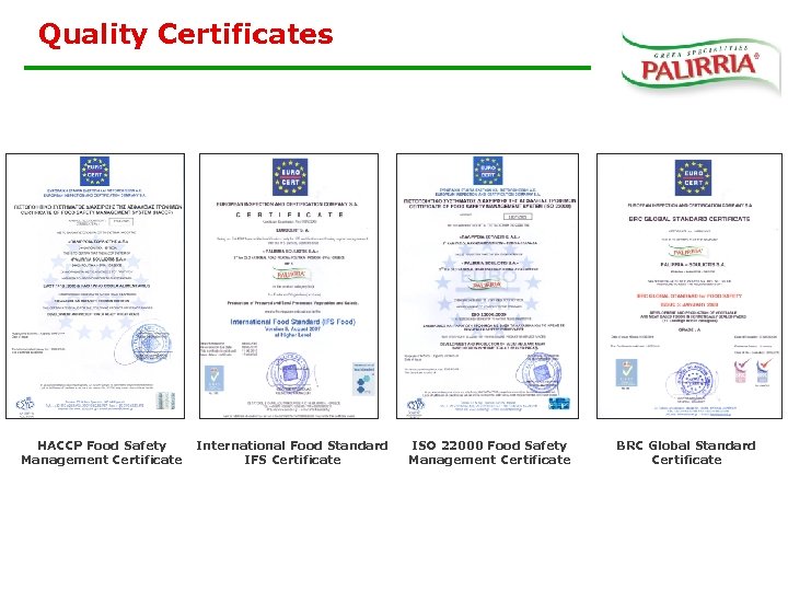 Quality Certificates HACCP Food Safety Management Certificate International Food Standard IFS Certificate ISO 22000