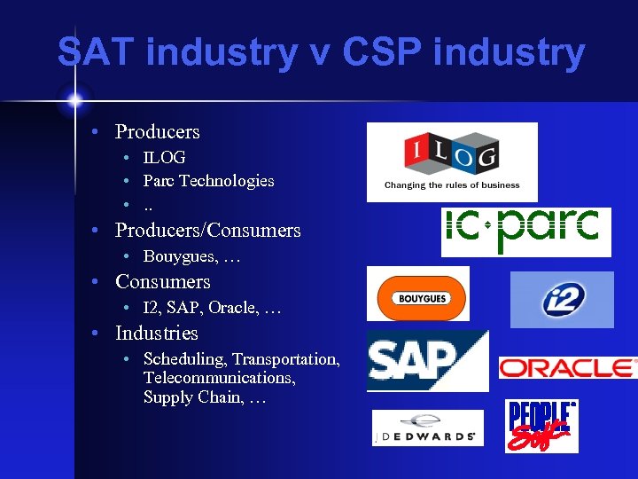 SAT industry v CSP industry • Producers • ILOG • Parc Technologies • .
