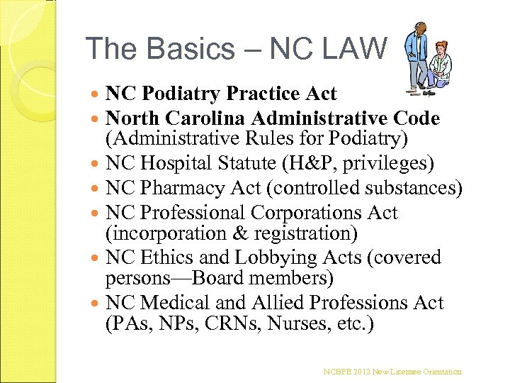 The Basics – NC LAW NC Podiatry Practice Act North Carolina Administrative Code (Administrative