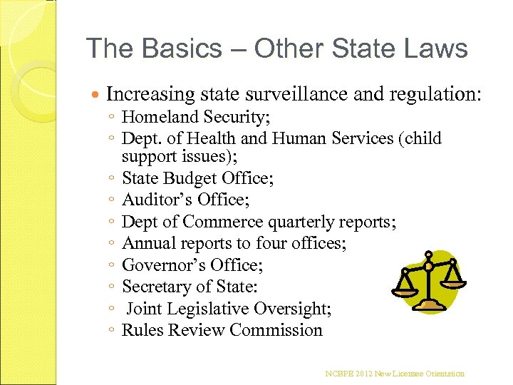 The Basics – Other State Laws Increasing state surveillance and regulation: ◦ Homeland Security;