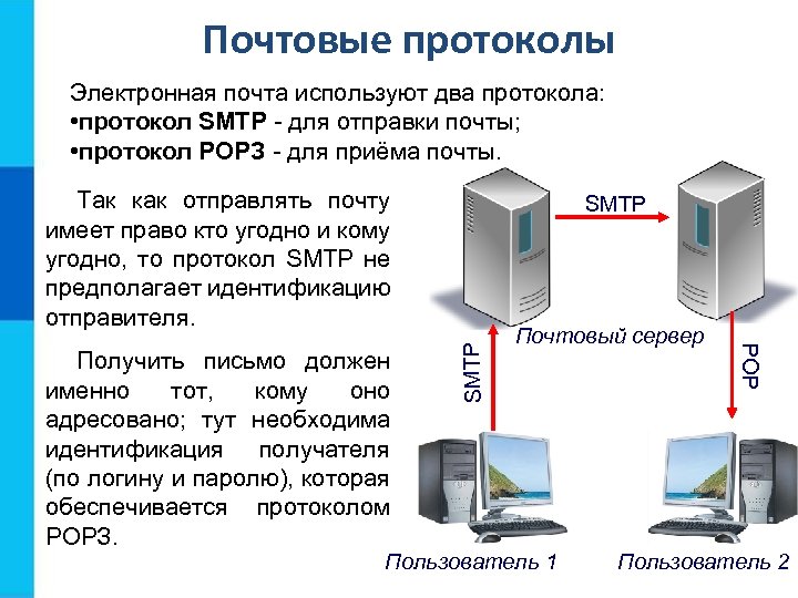 Почтовые протоколы Электронная почта используют два протокола: • протокол SMTP - для отправки почты;