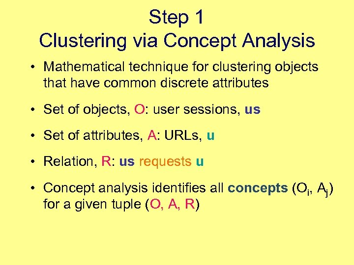 Step 1 Clustering via Concept Analysis • Mathematical technique for clustering objects that have