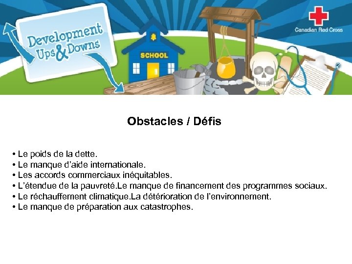 Obstacles / Défis • Le poids de la dette. • Le manque d’aide internationale.