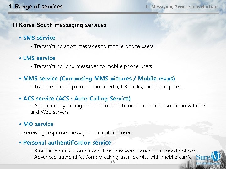 1. Range of services II. Messaging Service Introduction 1) Korea South messaging services •