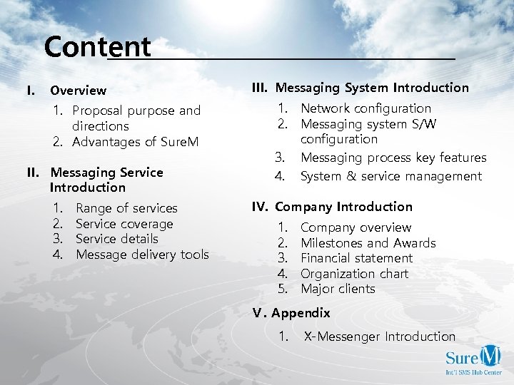 Content I. Overview 1. Proposal purpose and directions 2. Advantages of Sure. M II.