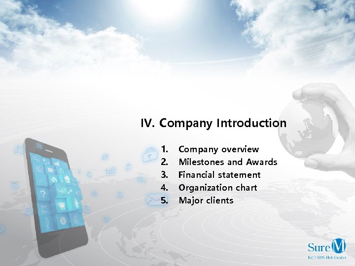 IV. Company Introduction 1. 2. 3. 4. 5. Company overview Milestones and Awards Financial