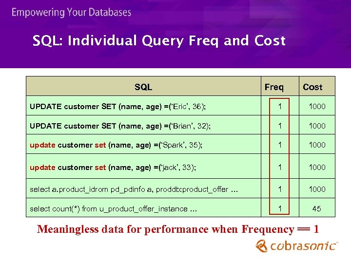 SQL: Individual Query Freq and Cost SQL Freq Cost UPDATE customer SET (name, age)