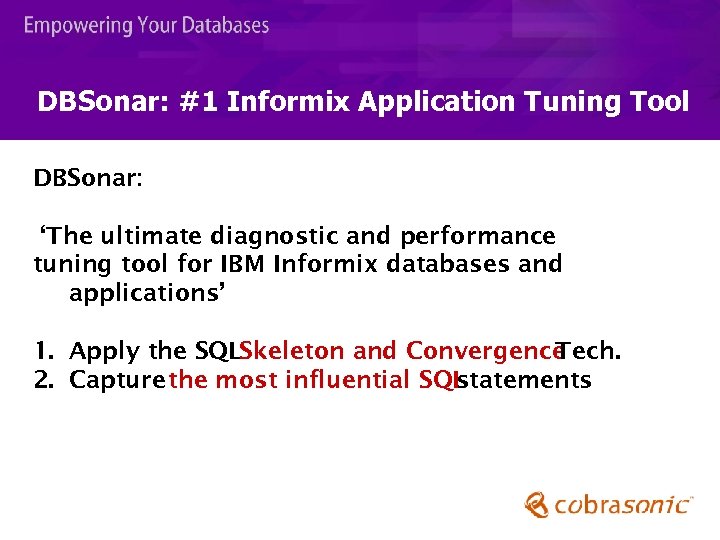 DBSonar: #1 Informix Application Tuning Tool DBSonar: ‘The ultimate diagnostic and performance tuning tool