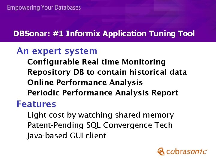 DBSonar: #1 Informix Application Tuning Tool An expert system Configurable Real time Monitoring Repository