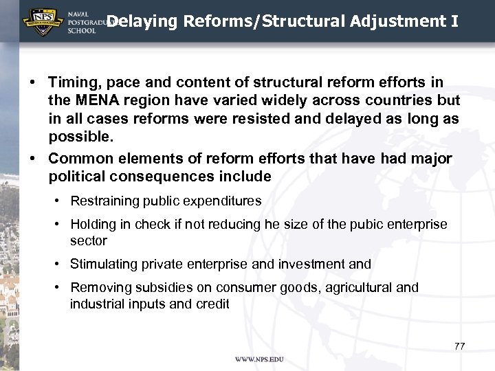 Delaying Reforms/Structural Adjustment I • Timing, pace and content of structural reform efforts in