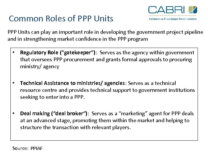 Common Roles of PPP Units can play an important role in developing the government