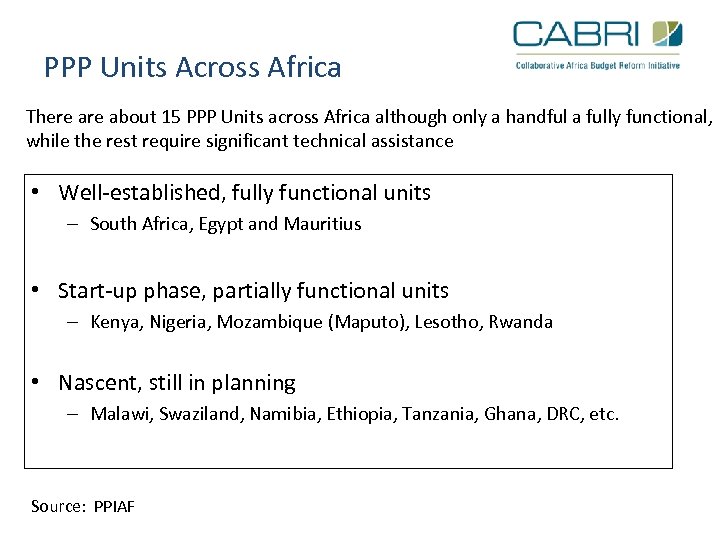 PPP Units Across Africa There about 15 PPP Units across Africa although only a