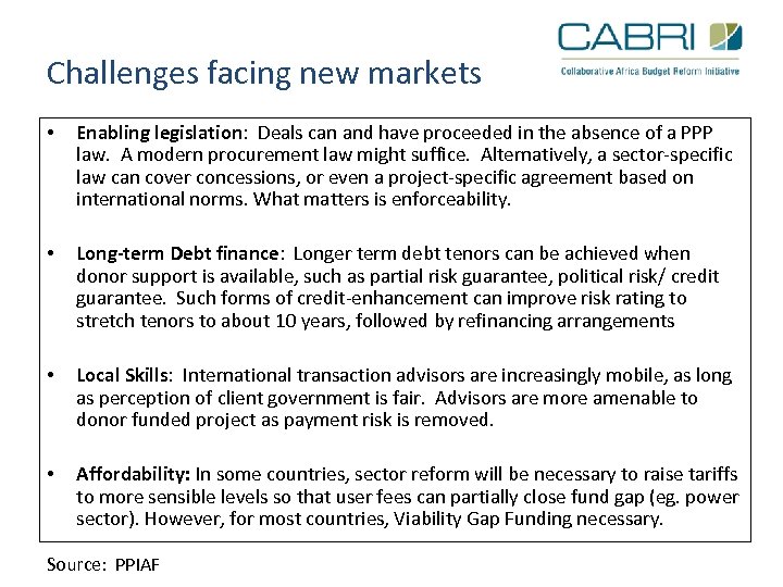 Challenges facing new markets • Enabling legislation: Deals can and have proceeded in the