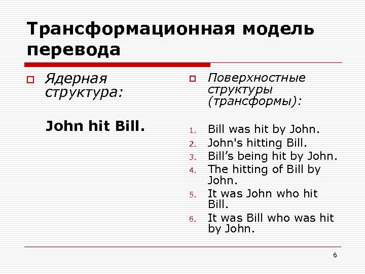 Трансформационная модель перевода o Ядерная структура: John hit Bill. o 1. 2. 3. 4.