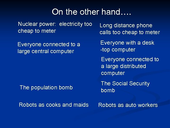On the other hand…. Nuclear power: electricity too cheap to meter Long distance phone