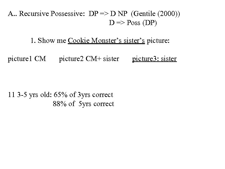 A. . Recursive Possessive: DP => D NP (Gentile (2000)) D => Poss (DP)