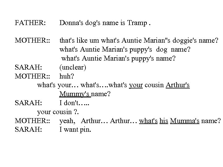 FATHER: MOTHER: : Donna's dog's name is Tramp. that's like um what's Auntie Marian''s