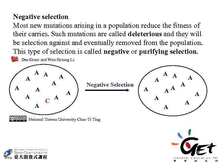 Negative selection Most new mutations arising in a population reduce the fitness of their