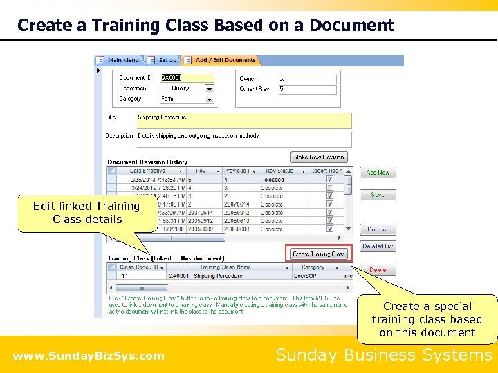 Create a Training Class Based on a Document Edit linked Training Class details Create