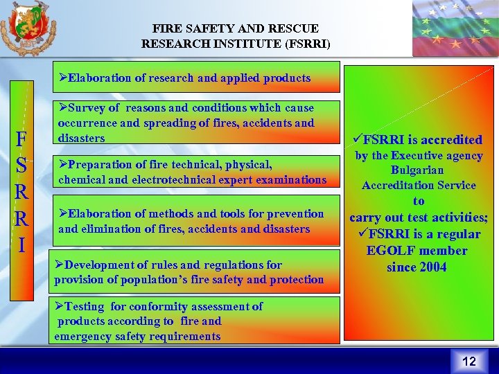 FIRE SAFETY AND RESCUE RESEARCH INSTITUTE (FSRRI) ØElaboration of research and applied products F